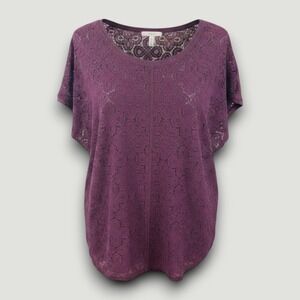 Old Navy Womens Top T-Shirt XL Purple Lace Casual Chic Lace Front Short Sleeve